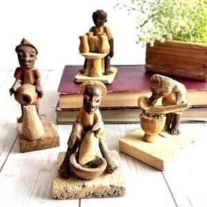 Lot of 4 Nigerian Thorn Wood Carving African Food Prep Figurine 2.5 to 3.5" Tall